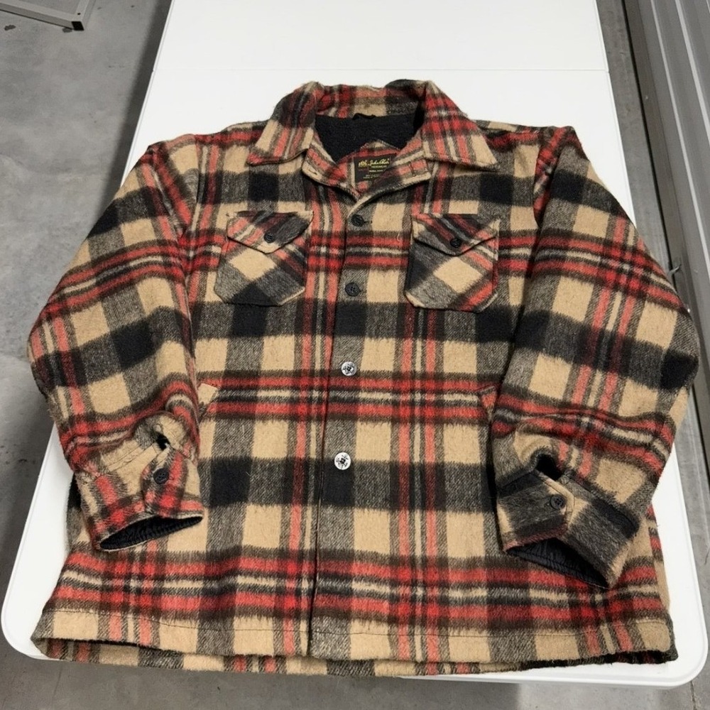 John Blair Vintage Mens XXL Plaid Wool Blend Button Front Jacket Red Tan Black‎